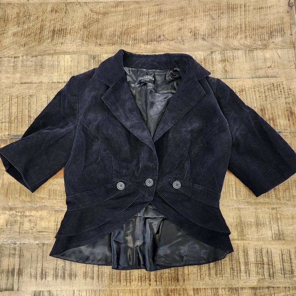 Della Spiga Italy Corduroy Blazer Blue/Black Women's Size 8 with 1/2 Sleeve